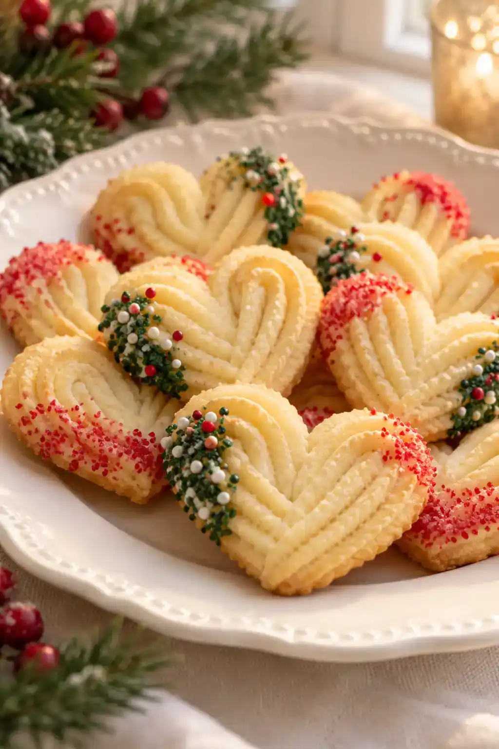 A batch of heart-shaped spritz cookies arranged on a ceramic plate.
