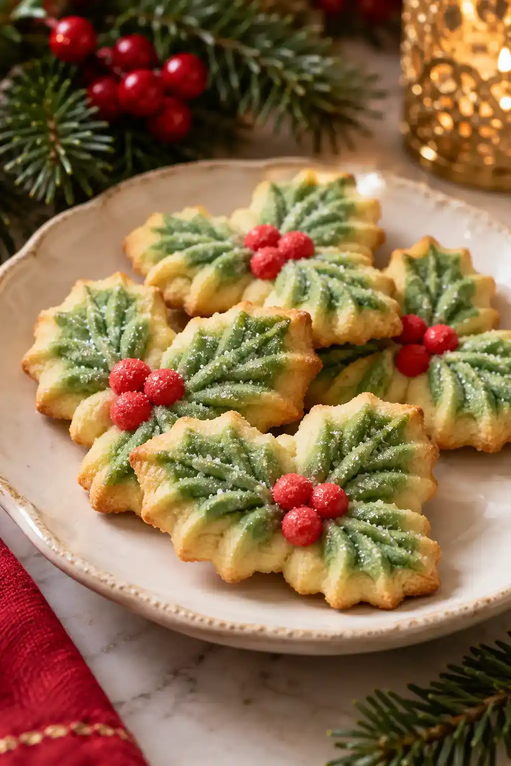 A batch of holly spritz cookies arranged on a ceramic plate.