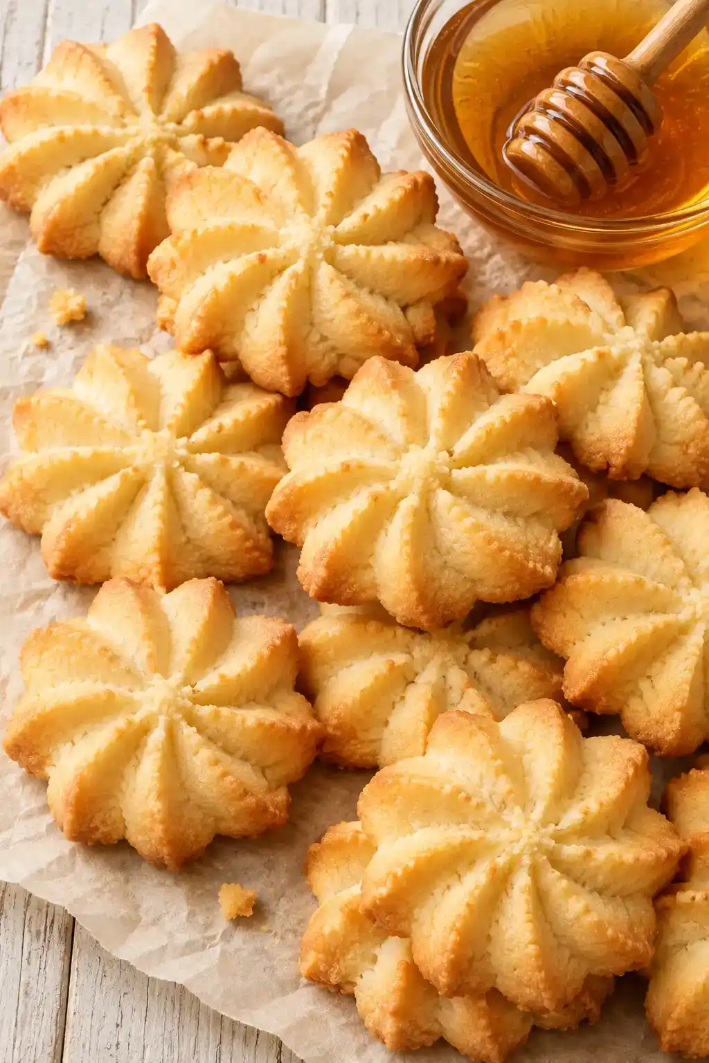 A batch of honey spritz cookies arranged on a ceramic plate.