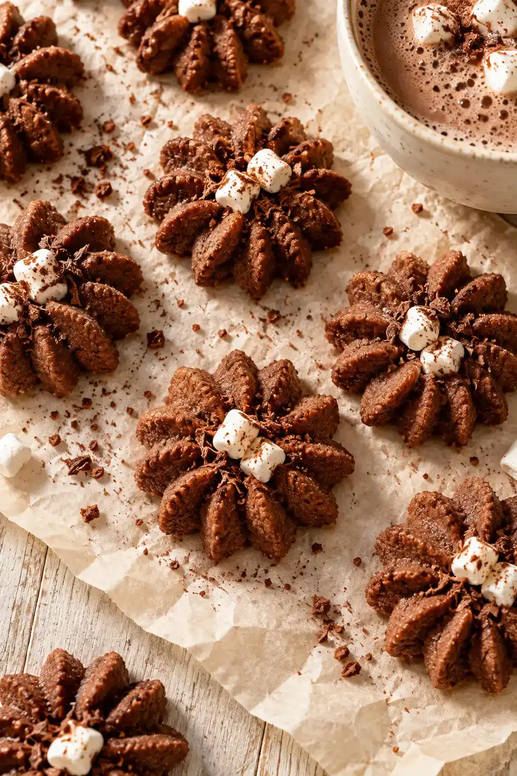 A batch of hot chocolate spritz cookies arranged on a ceramic plate.