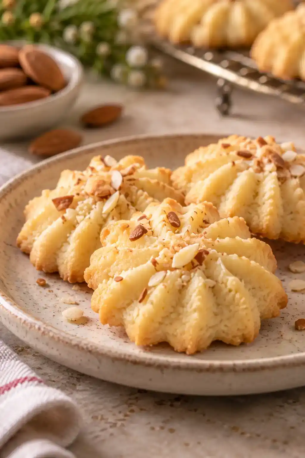 A batch of italian almond spritz cookies arranged on a ceramic plate.