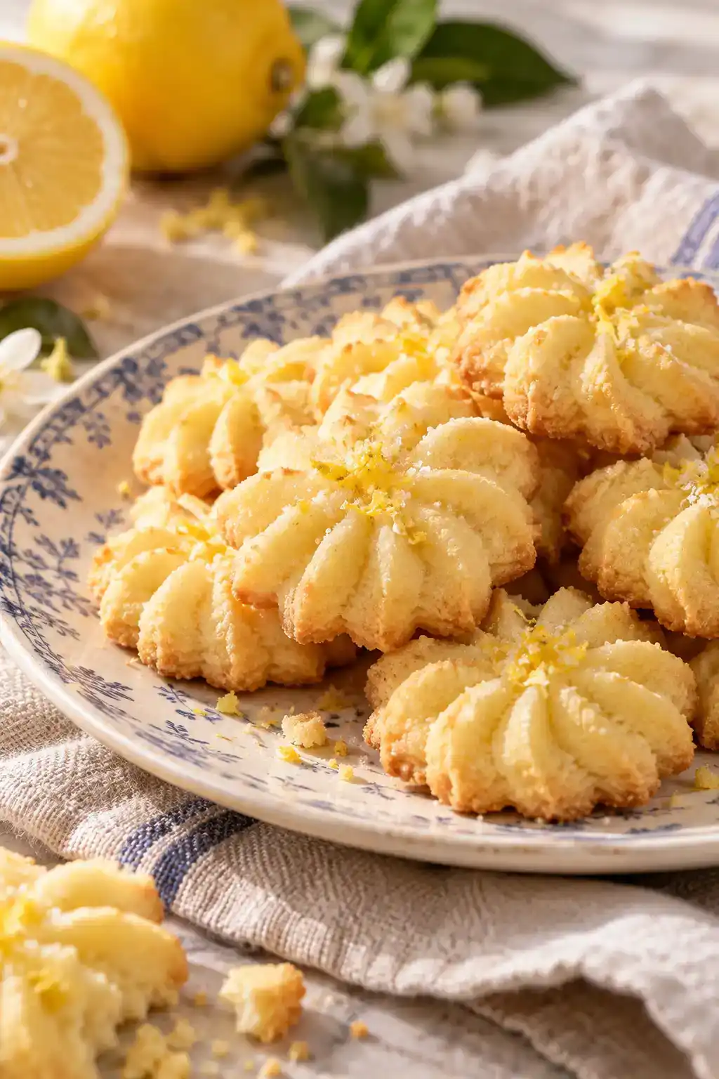 A batch of italian lemon spritz cookies arranged on a ceramic plate.