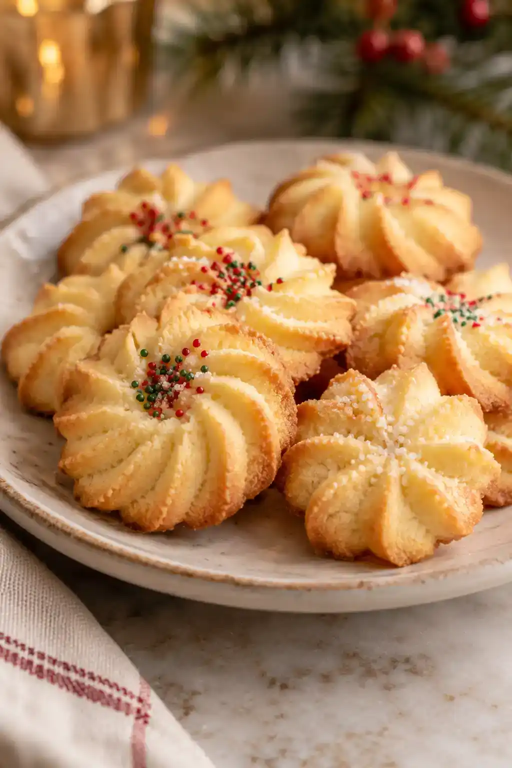 A batch of italian spritz cookies arranged on a ceramic plate.