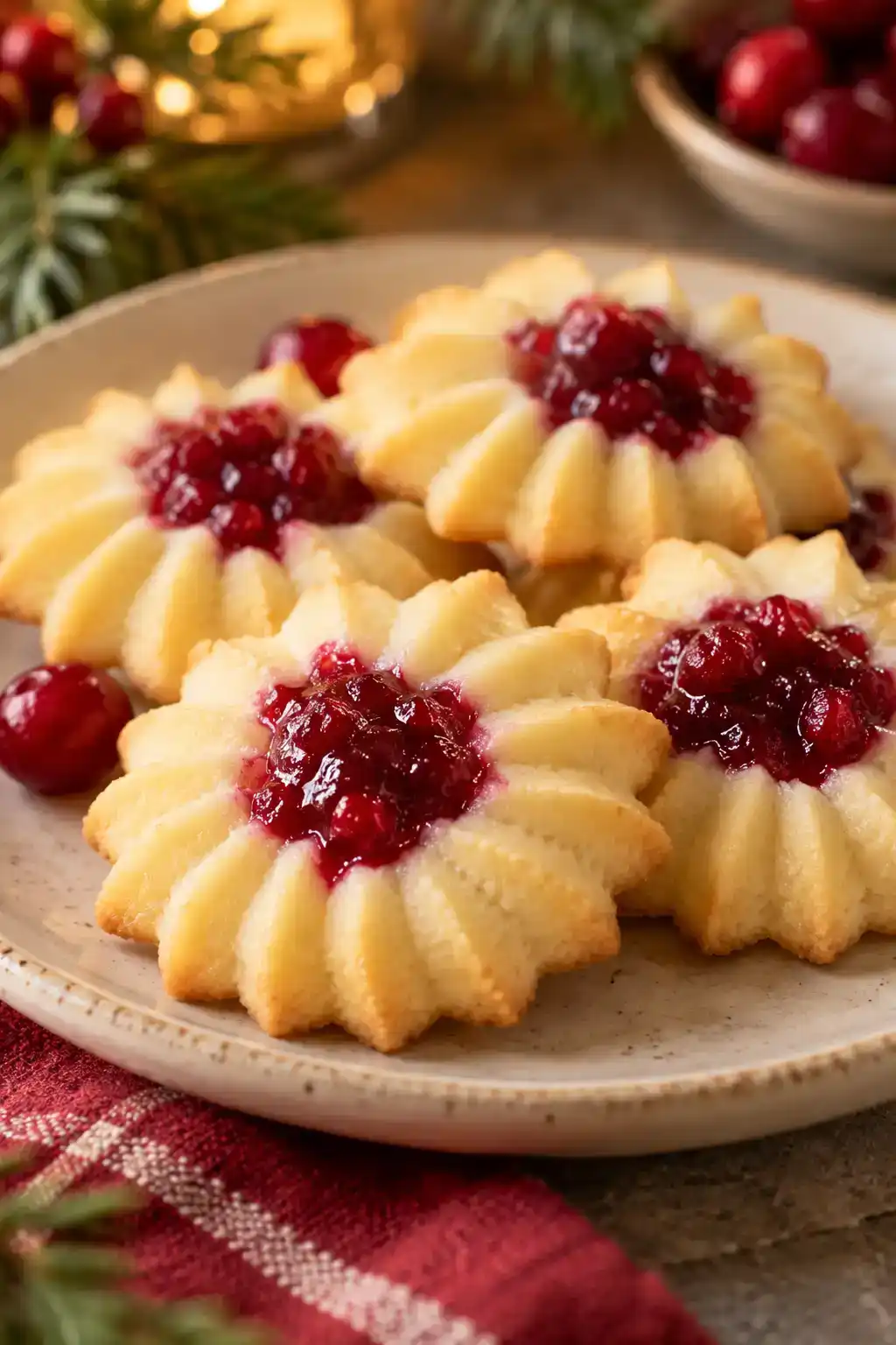 A batch of jam-filled spritz cookies arranged on a ceramic plate.