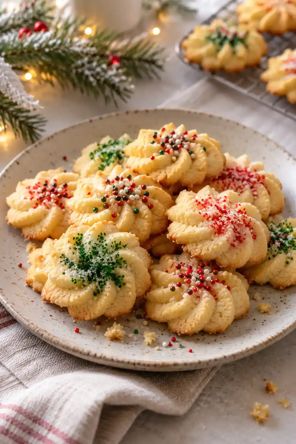 A batch of keto spritz cookies arranged on a ceramic plate.