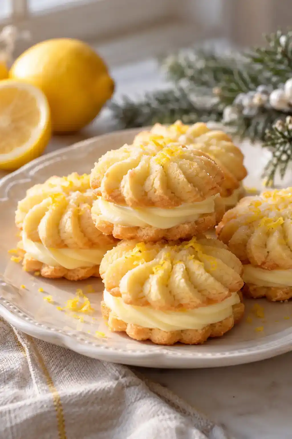 A batch of lemon cream spritz sandwich cookies arranged on a ceramic plate.