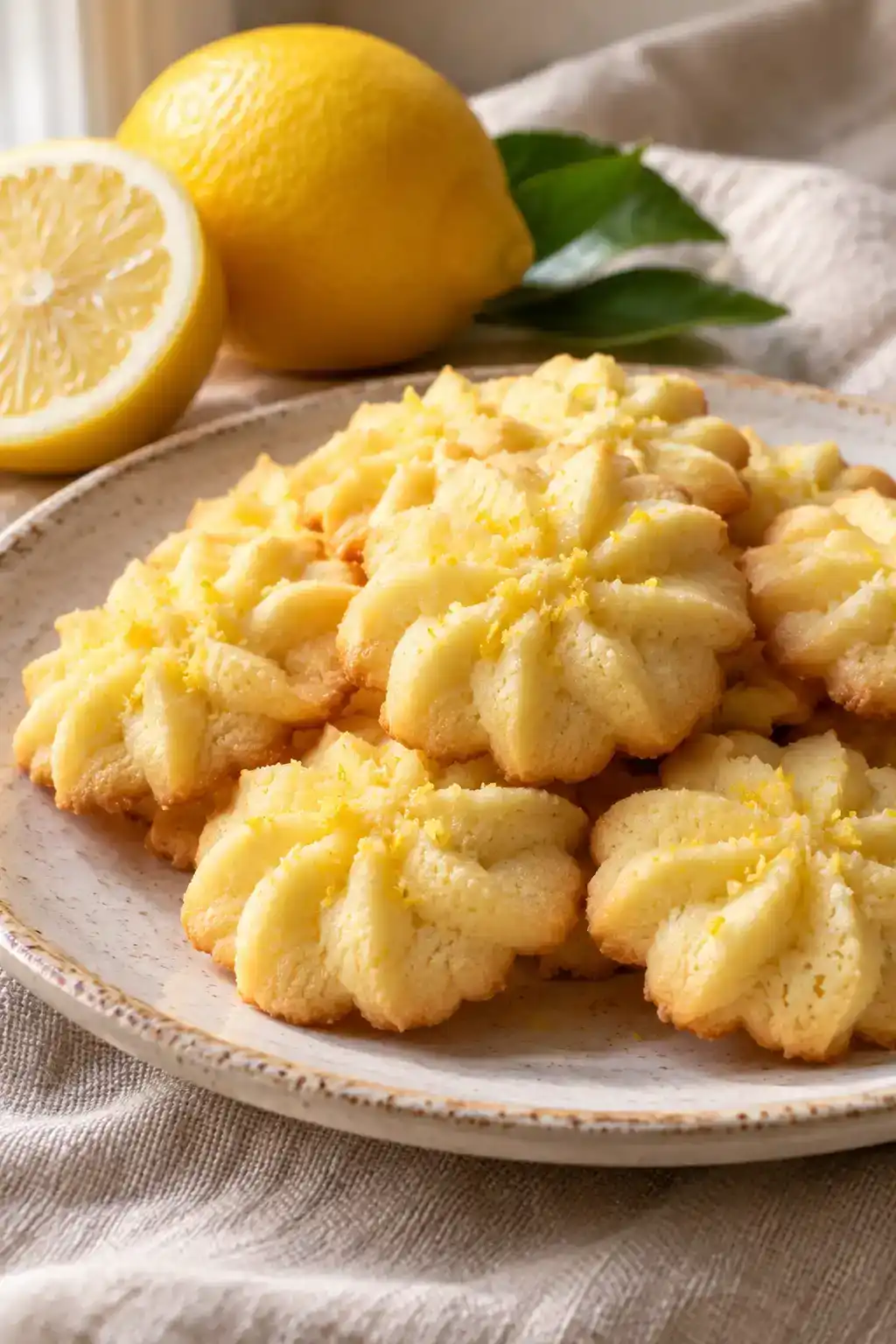 A batch of lemon spritz cookies arranged on a ceramic plate.