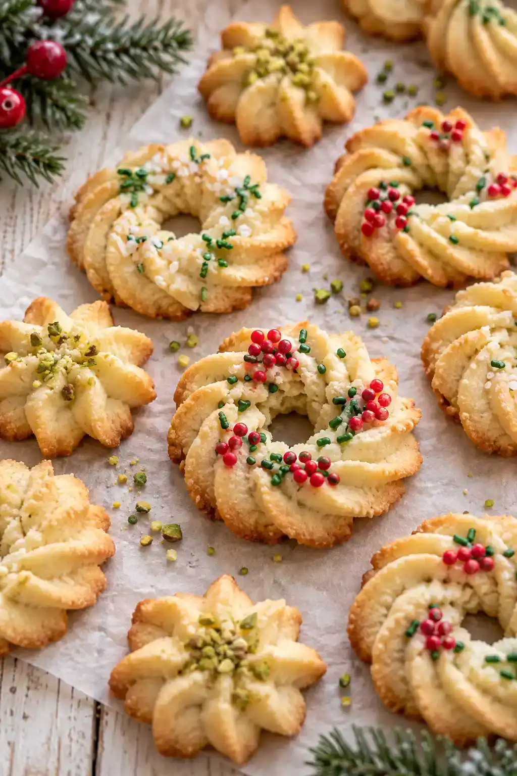 A batch of low-carb spritz cookies arranged on a ceramic plate.