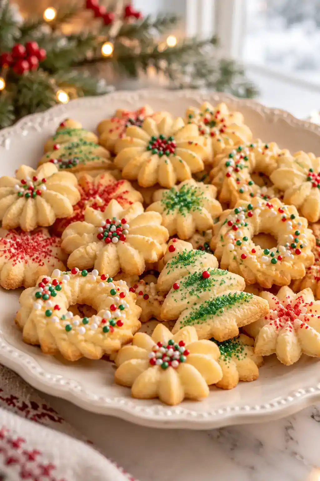 A batch of make-ahead spritz cookies arranged on a ceramic plate.