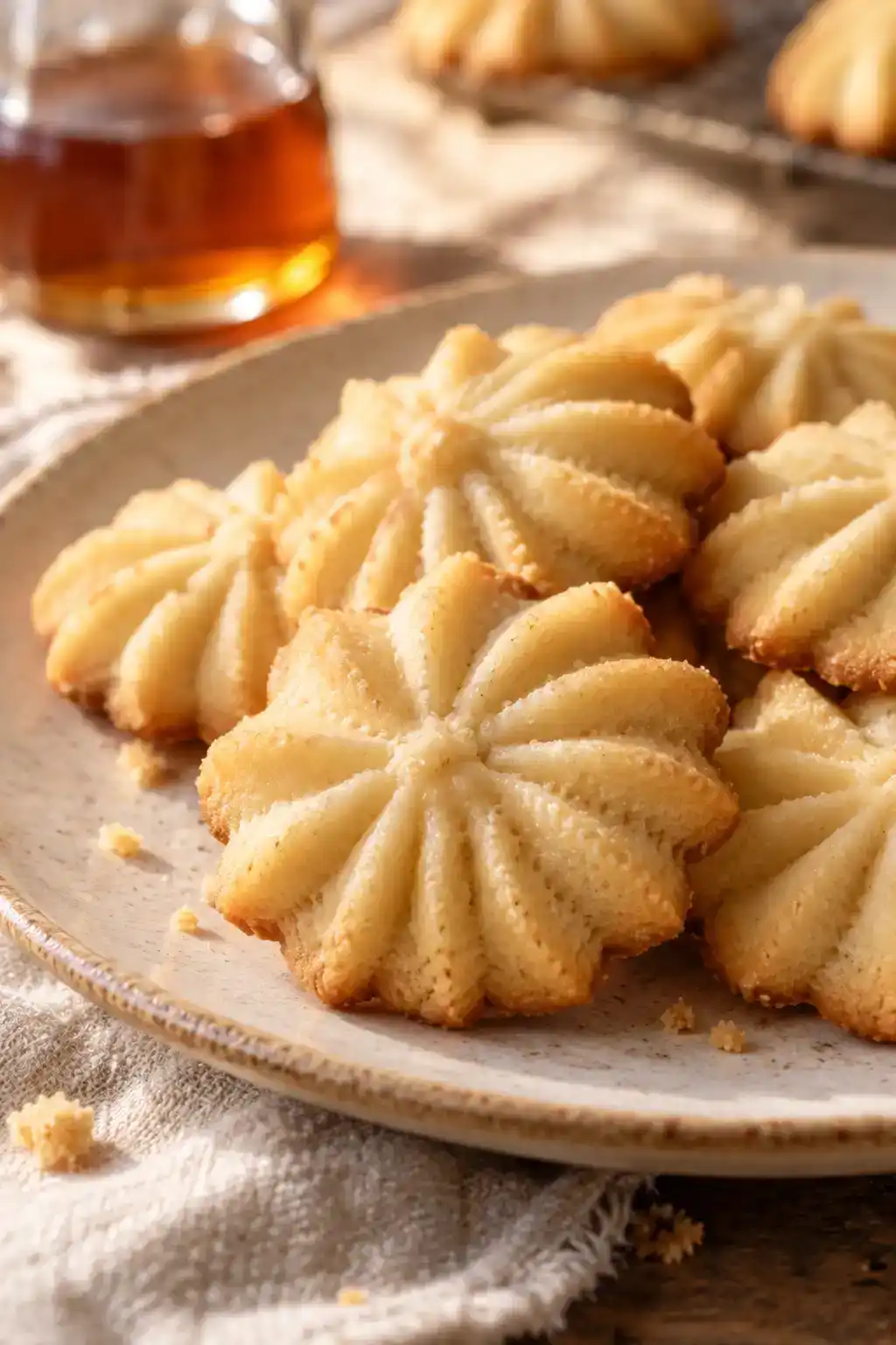 A batch of maple spritz cookies arranged on a ceramic plate.