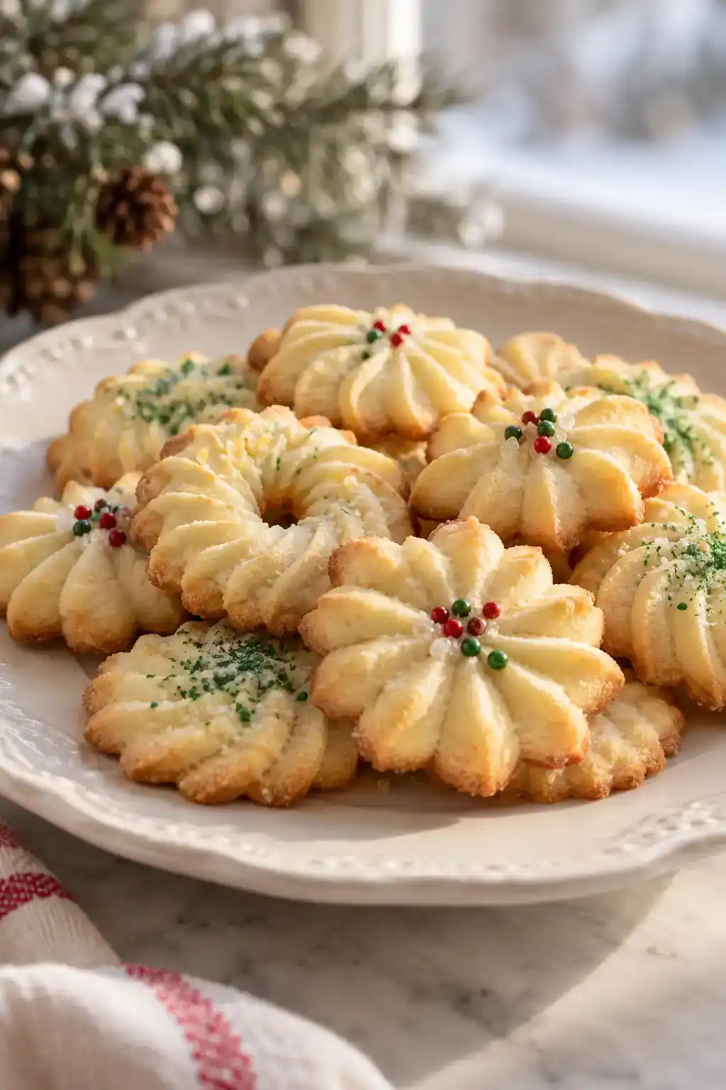 A batch of mascarpone spritz cookies arranged on a ceramic plate.