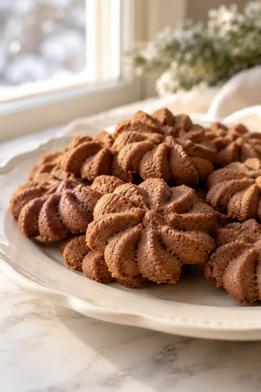 A batch of milk chocolate spritz cookies arranged on a ceramic plate.