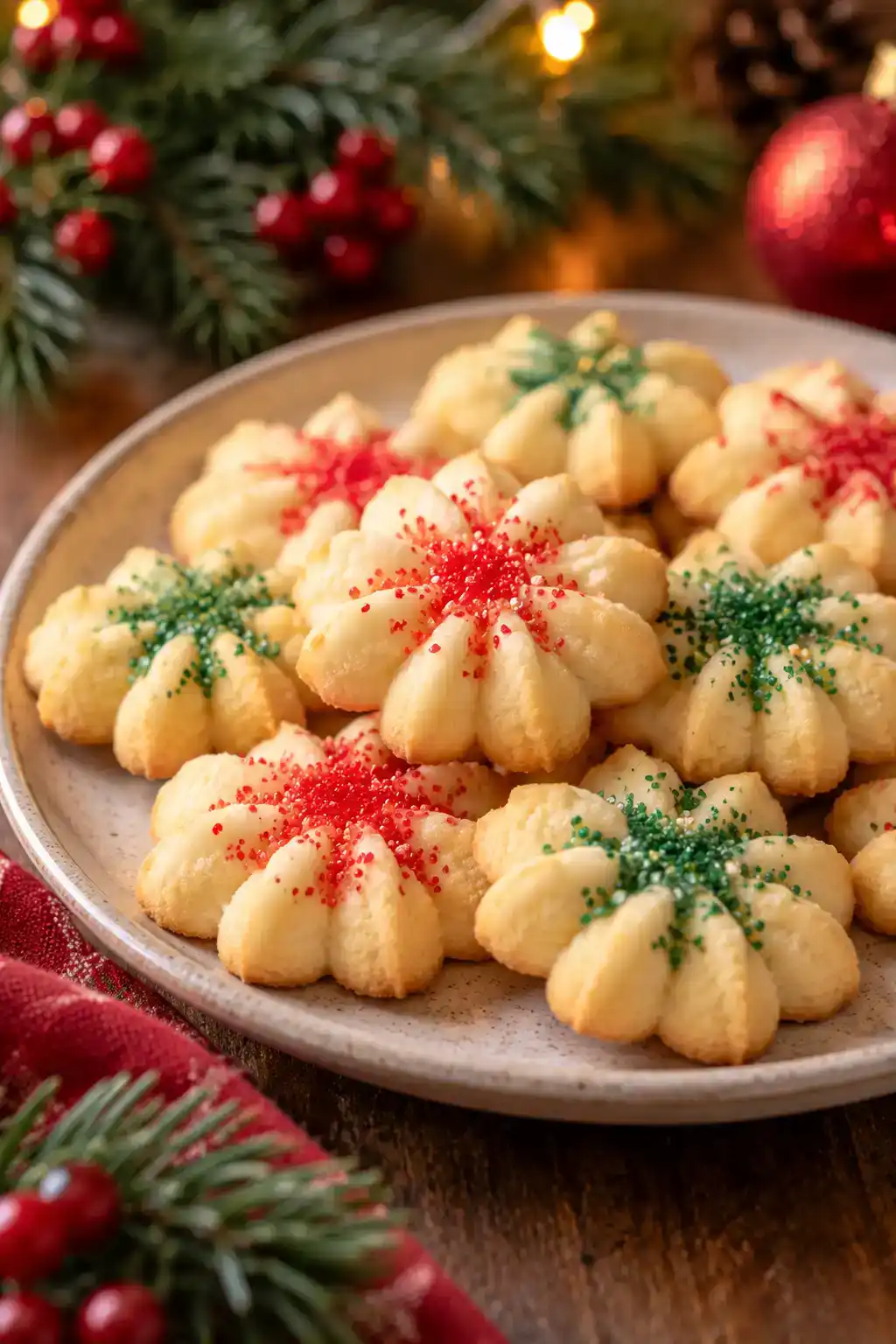 A batch of mini spritz cookies arranged on a ceramic plate.