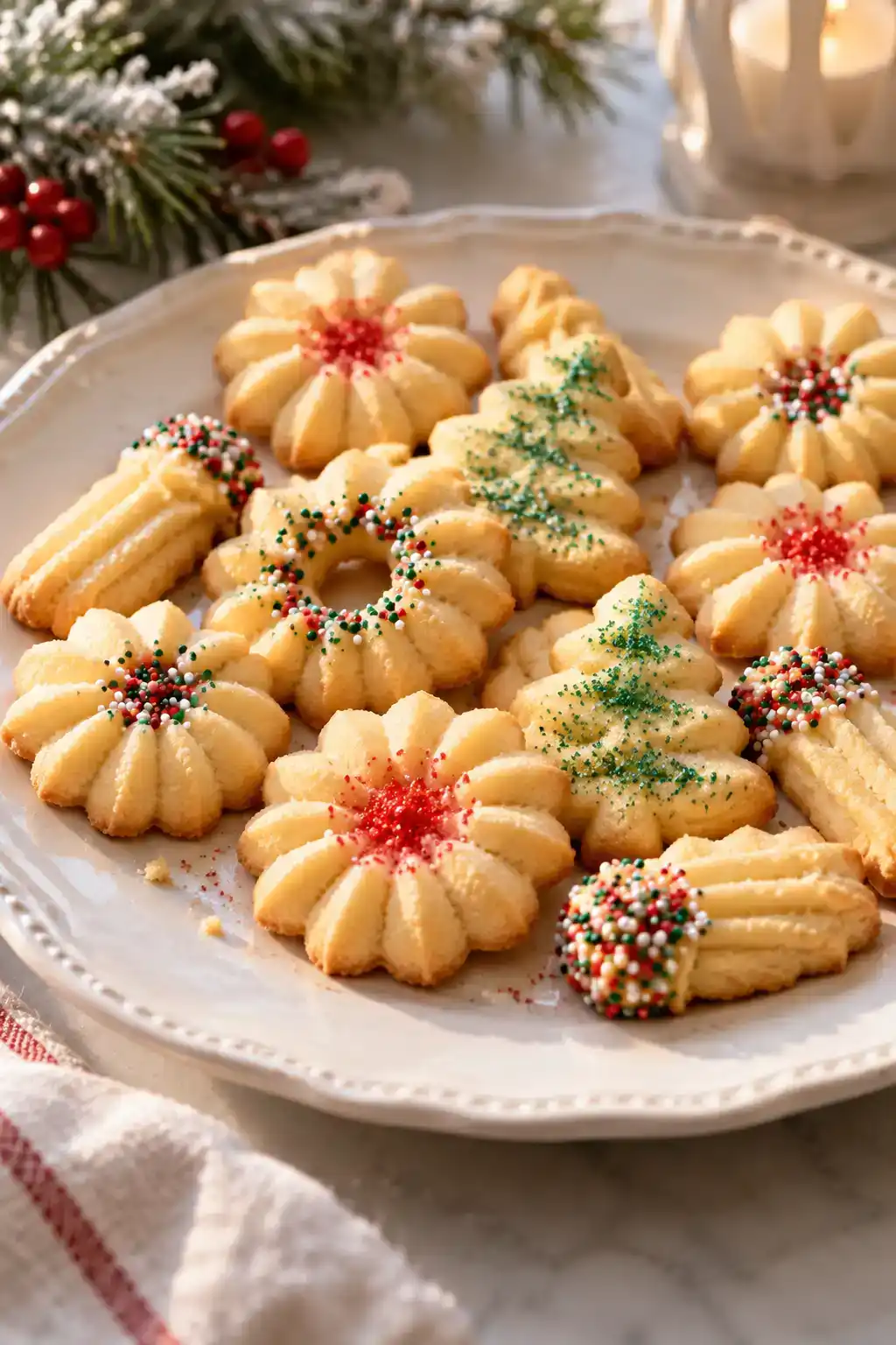 A batch of no-chill spritz cookies arranged on a ceramic plate.