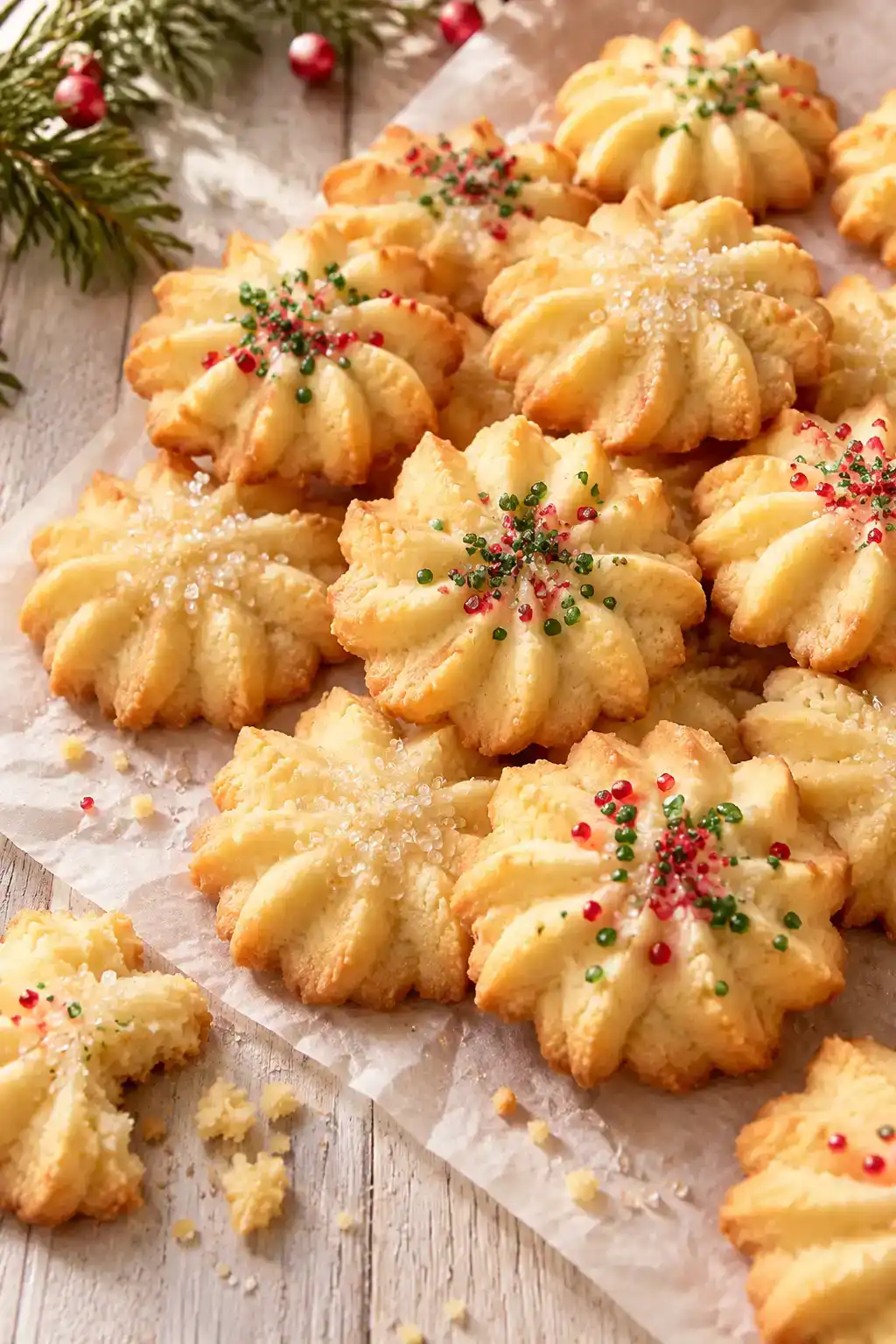 A batch of norwegian spritz cookies arranged on a ceramic plate.