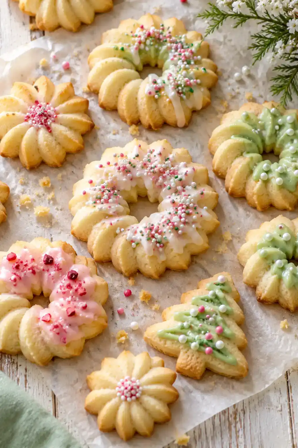 A batch of nut-free spritz cookies arranged on a ceramic plate.