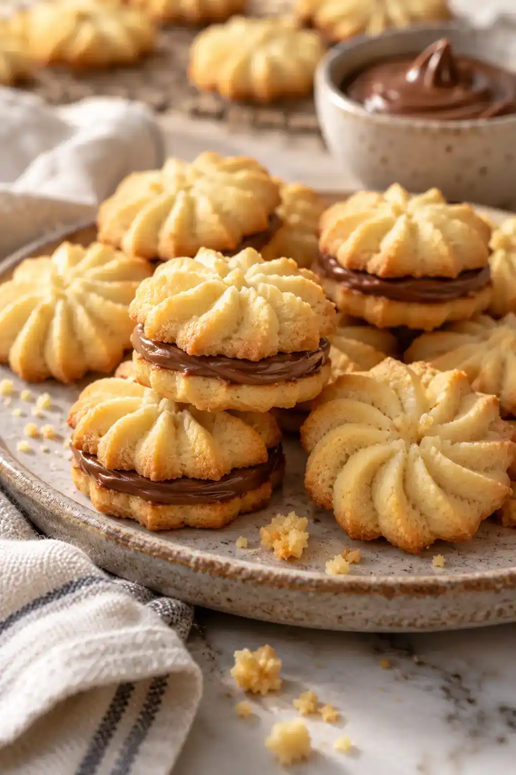 A batch of nutella spritz cookies arranged on a ceramic plate.
