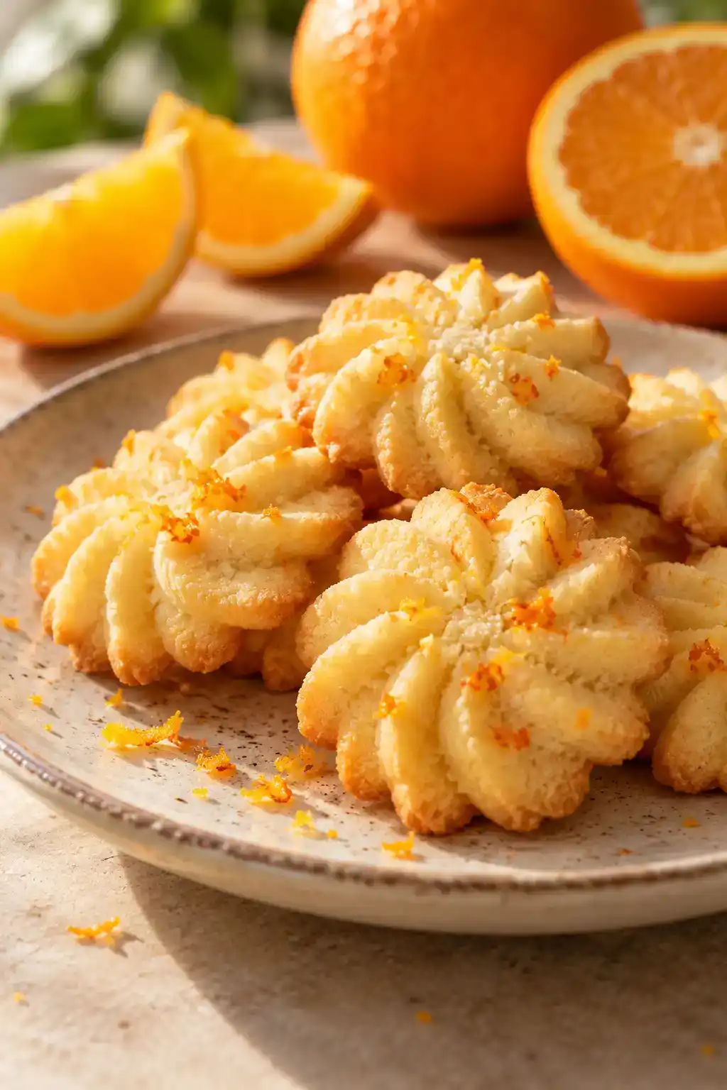 A batch of orange spritz cookies arranged on a ceramic plate.