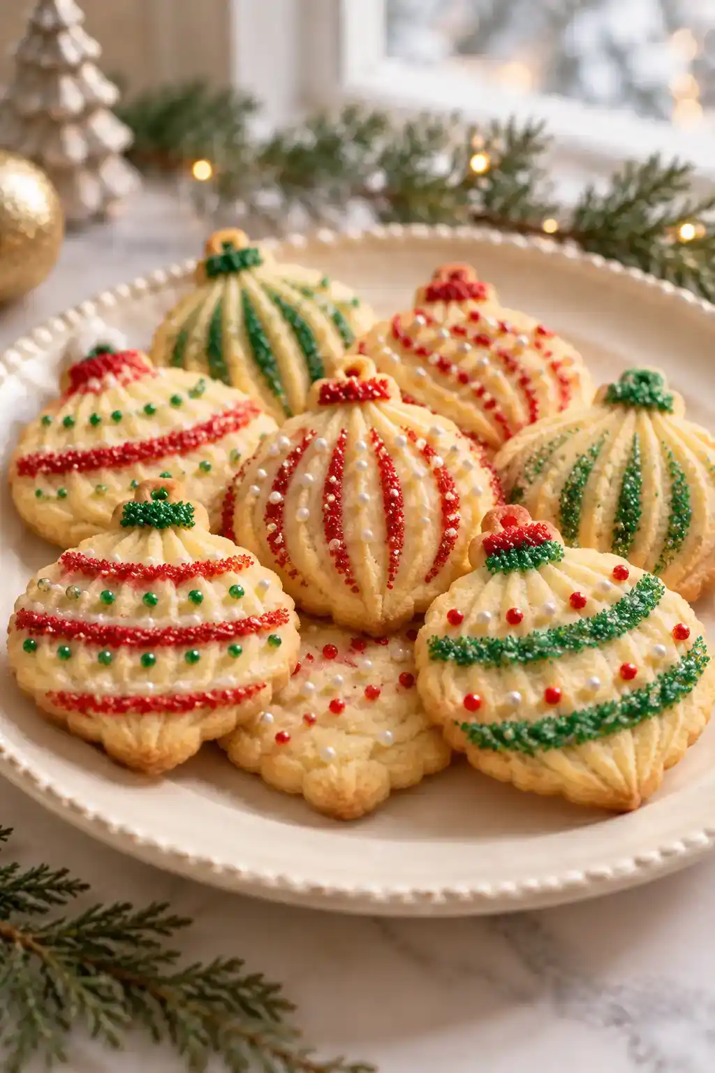 A batch of ornament spritz cookies arranged on a ceramic plate.