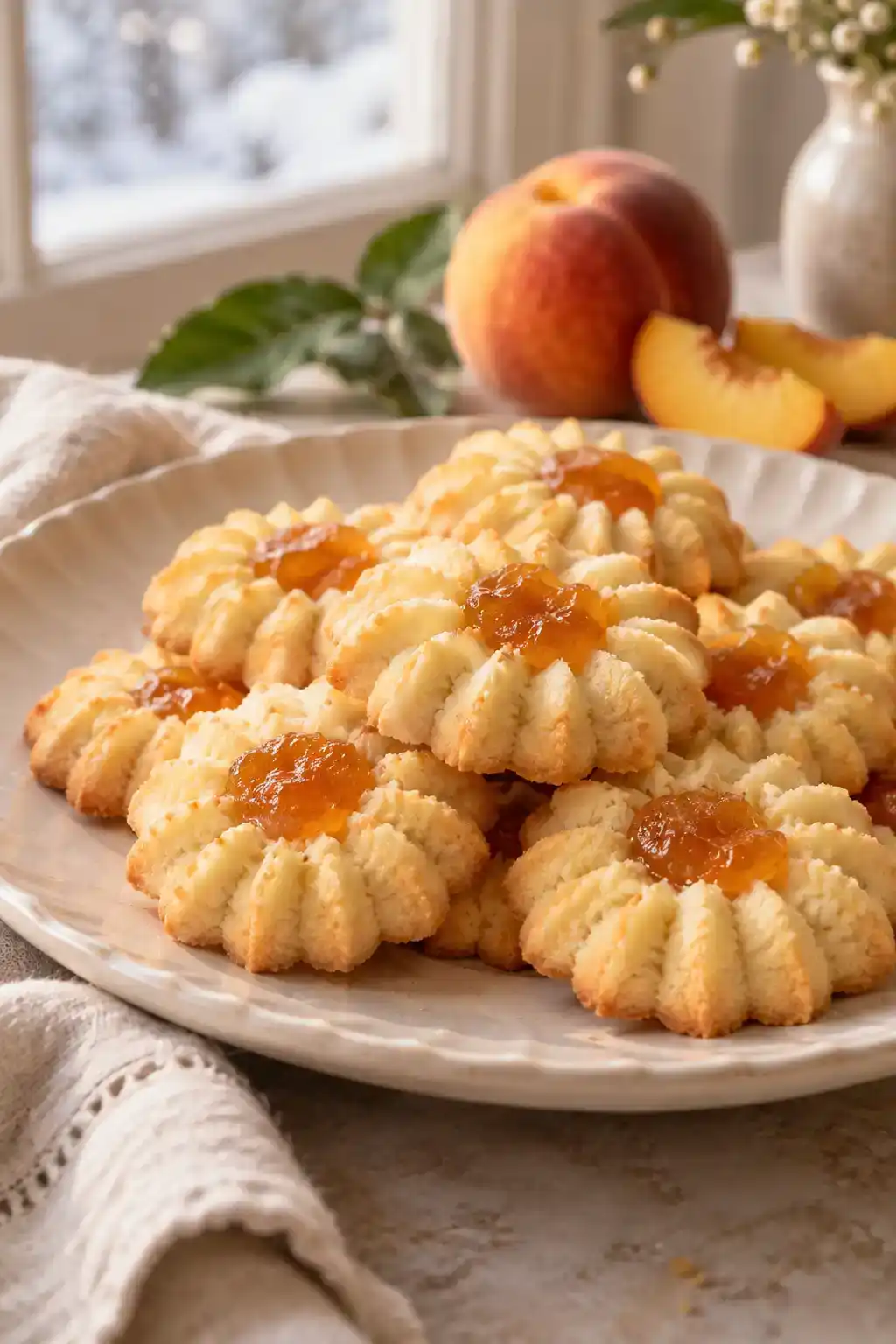 A batch of peach spritz cookies arranged on a ceramic plate.