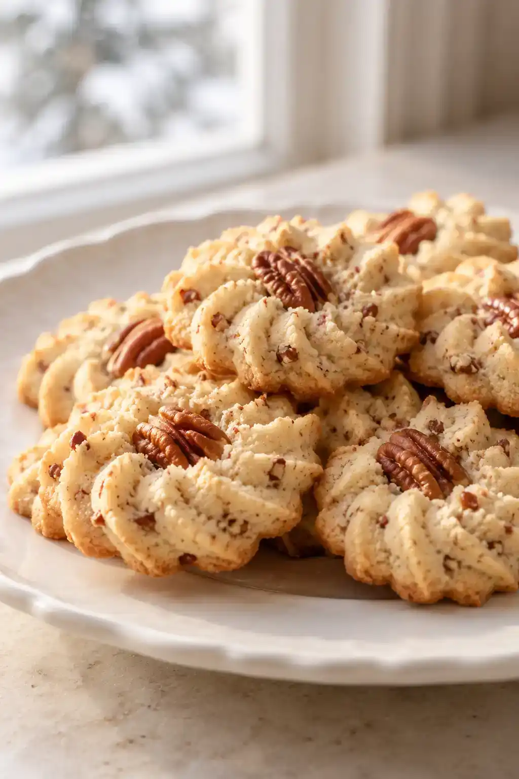A batch of pecan spritz cookies arranged on a ceramic plate.