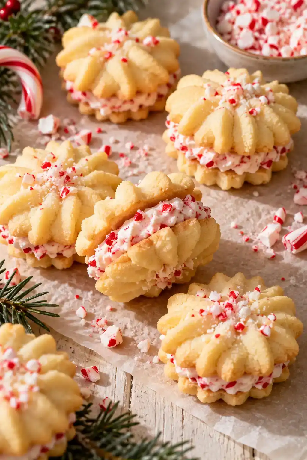 A batch of peppermint cream spritz sandwich cookies arranged on a ceramic plate.
