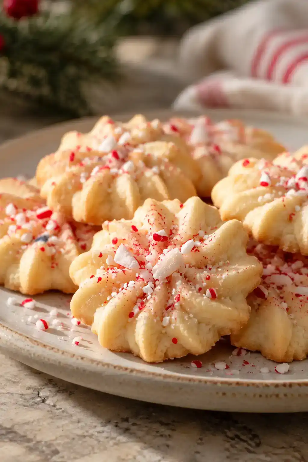 A batch of peppermint spritz cookies arranged on a ceramic plate.
