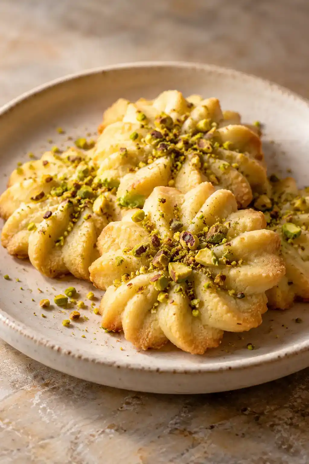 A batch of pistachio spritz cookies arranged on a ceramic plate.