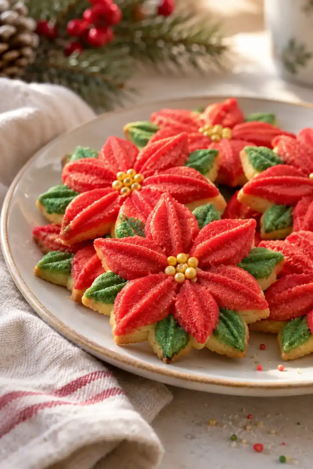 A batch of poinsettia spritz cookies arranged on a ceramic plate.