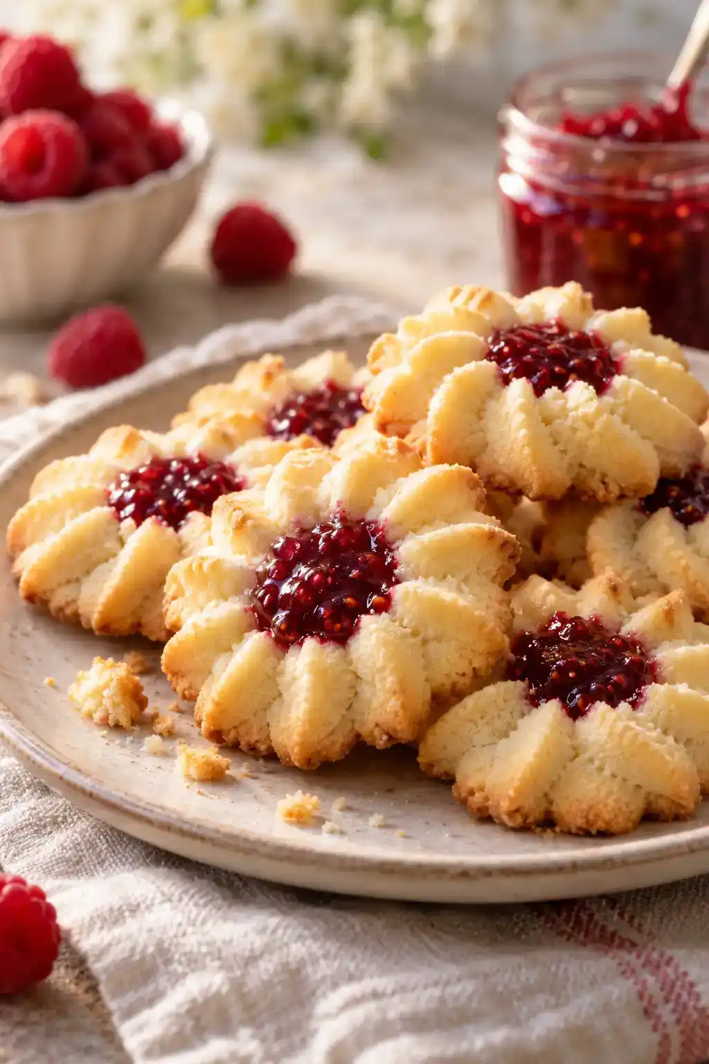 A batch of raspberry jam spritz cookies arranged on a ceramic plate.