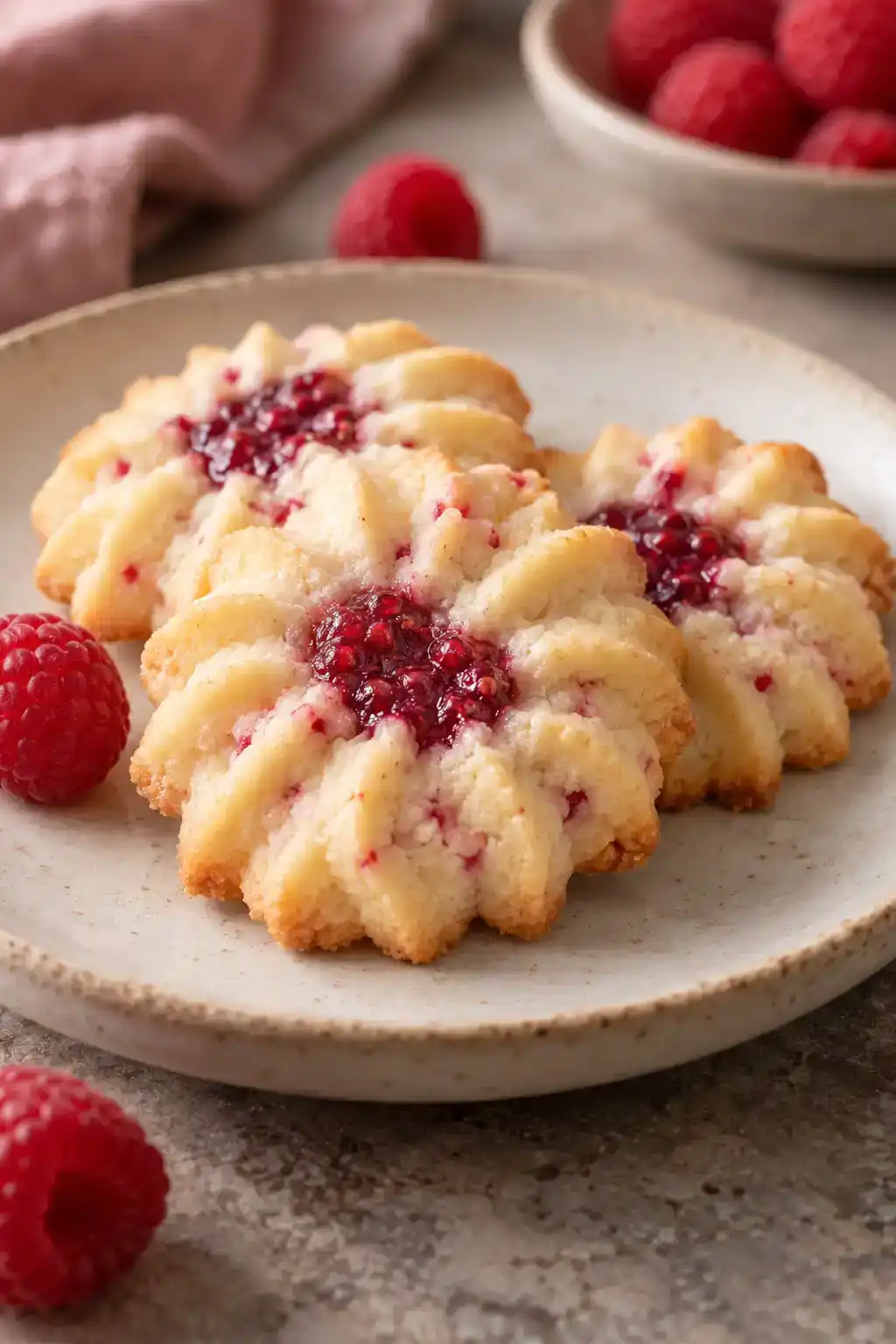 A batch of raspberry spritz cookies arranged on a ceramic plate.