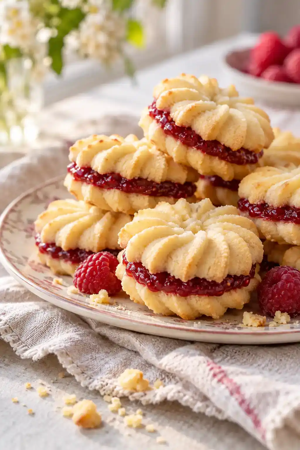 A batch of raspberry spritz sandwich cookies arranged on a ceramic plate.