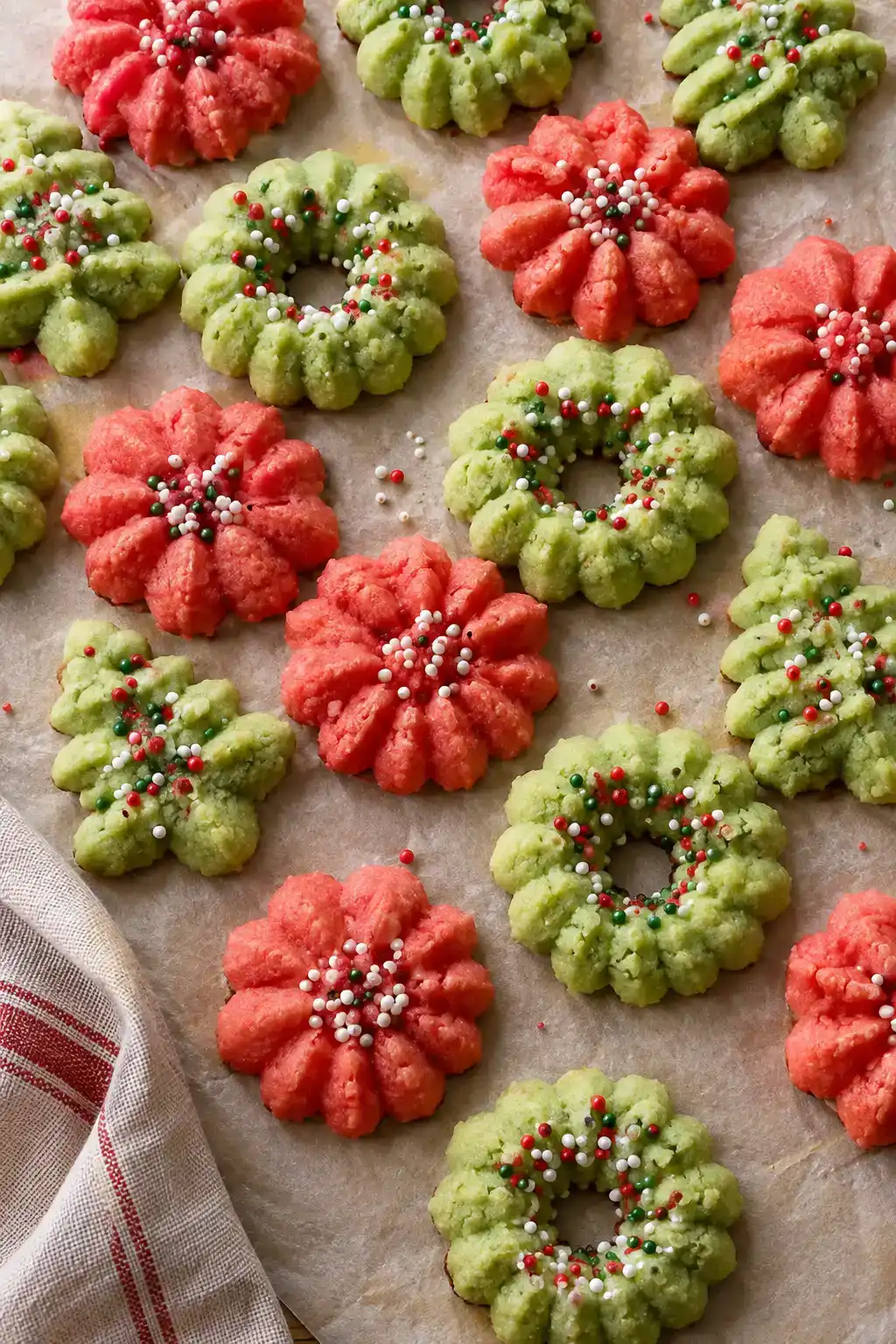 A batch of red and green spritz cookies arranged on a ceramic plate.