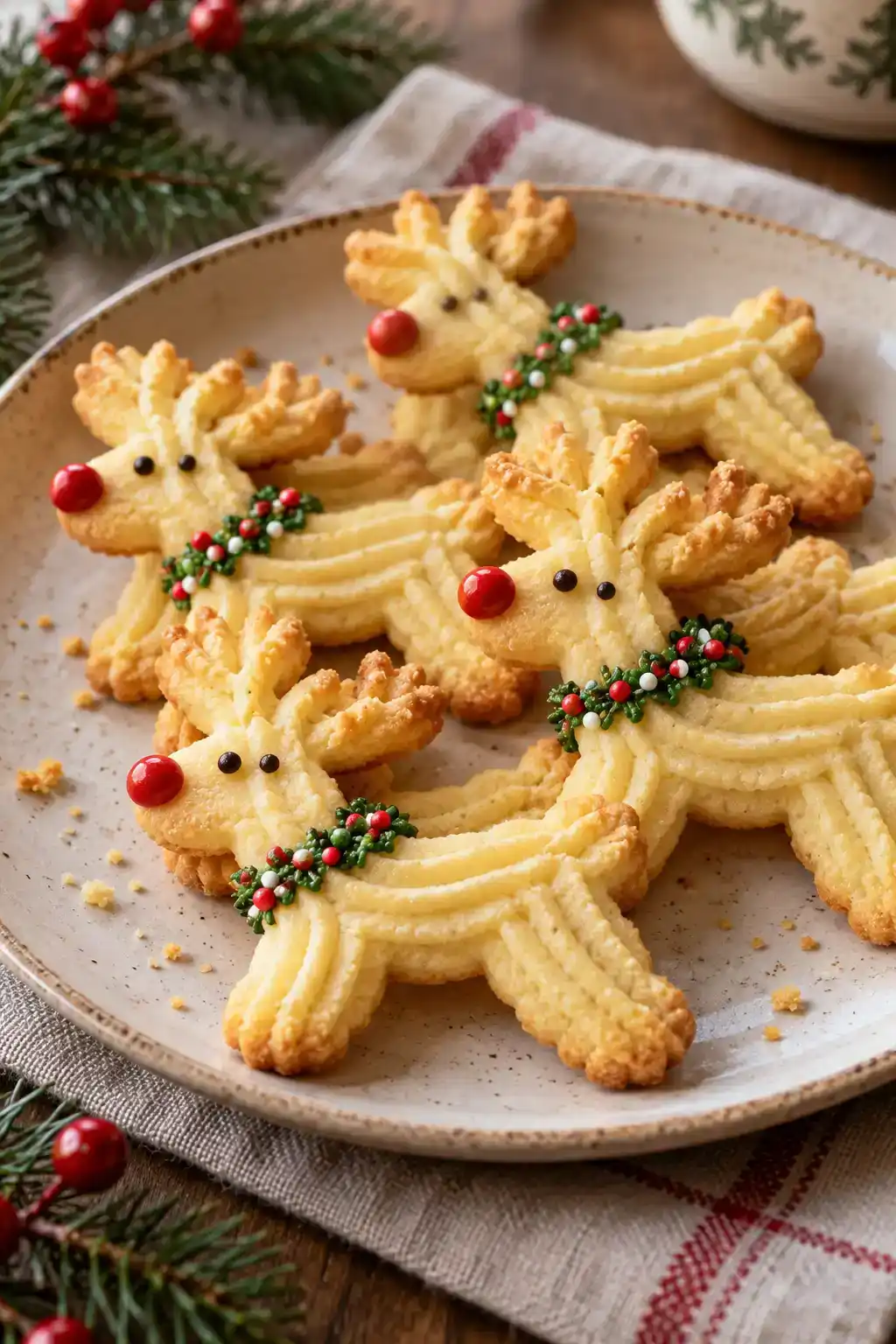 A batch of reindeer spritz cookies arranged on a ceramic plate.