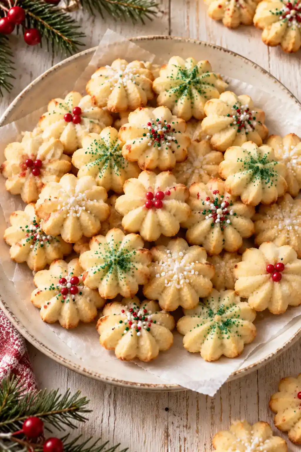 A batch of rosette spritz cookies arranged on a ceramic plate.