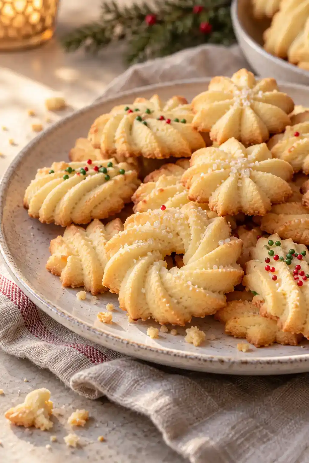 A batch of scandinavian spritz cookies arranged on a ceramic plate.