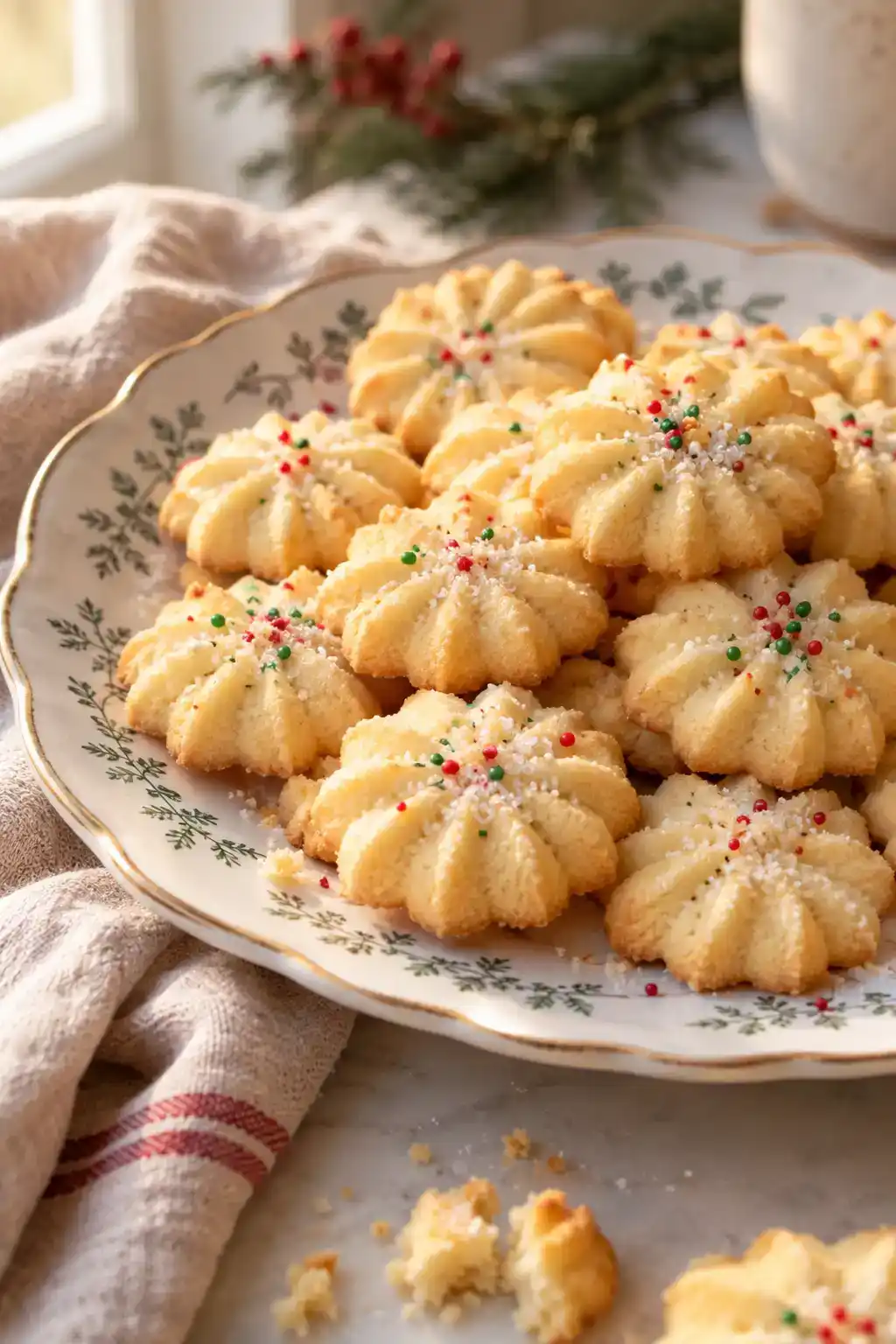 A batch of small-batch spritz cookies arranged on a ceramic plate.