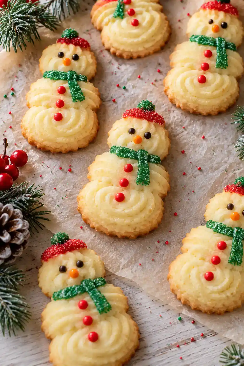 A batch of snowman spritz cookies arranged on a ceramic plate.