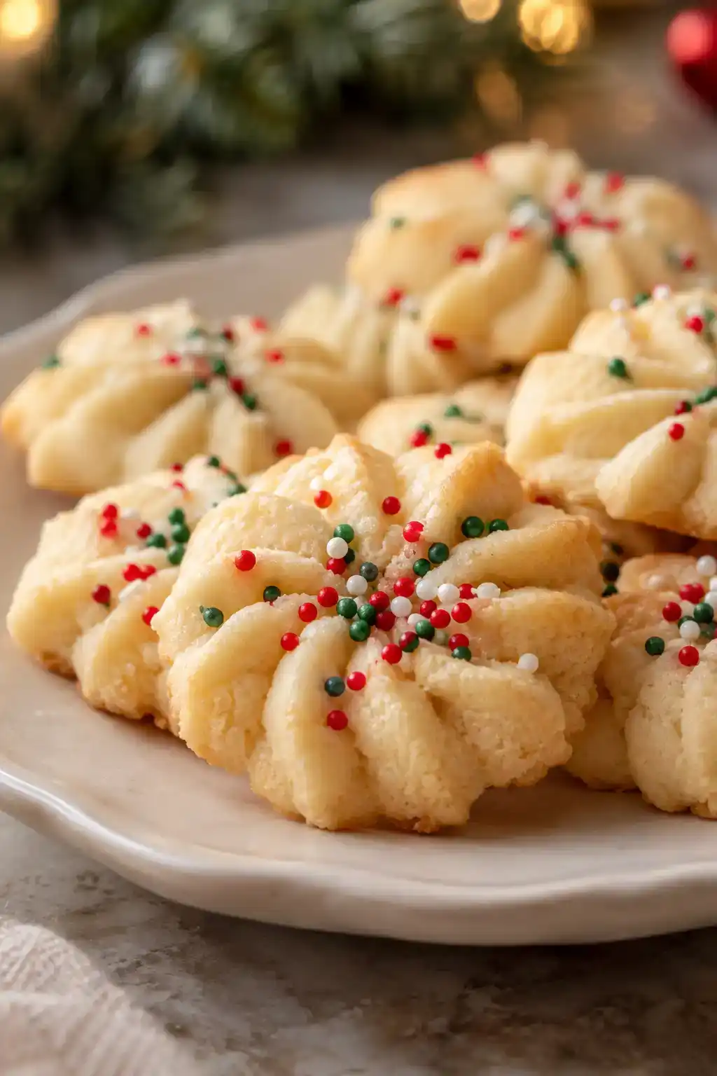 A batch of soft spritz cookies arranged on a ceramic plate.