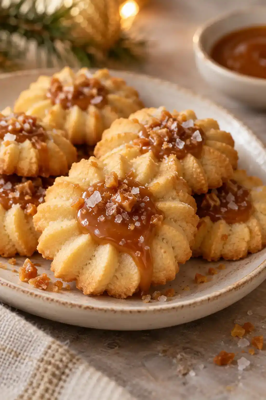 A batch of sour cream spritz cookies arranged on a ceramic plate.