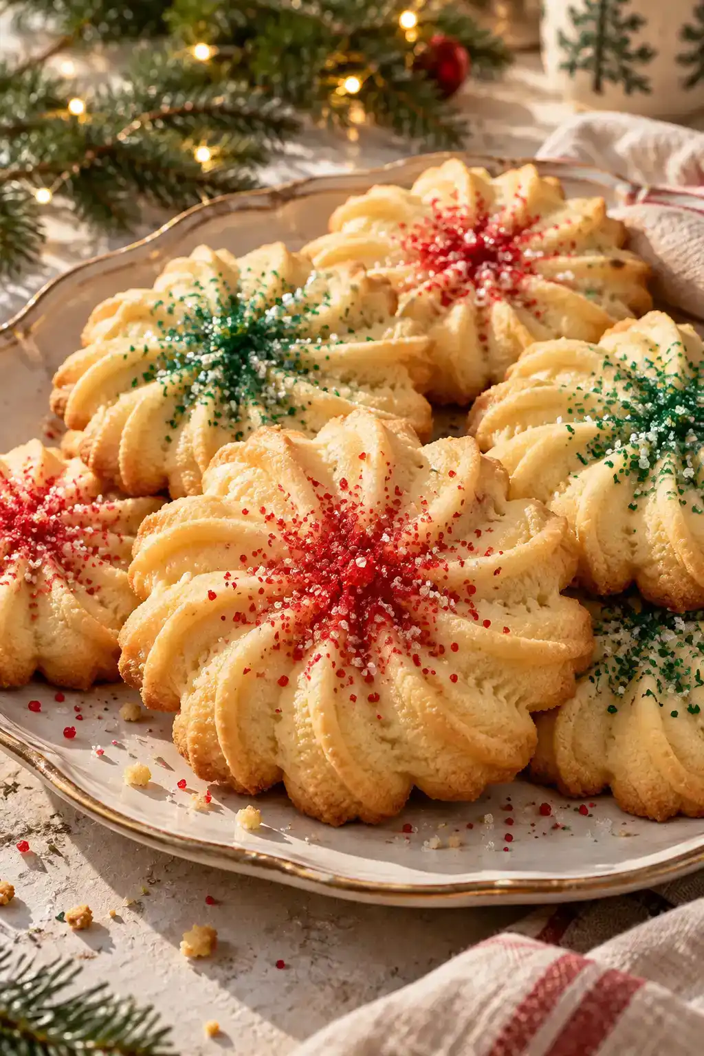 A batch of spritz cookie bites arranged on a ceramic plate.