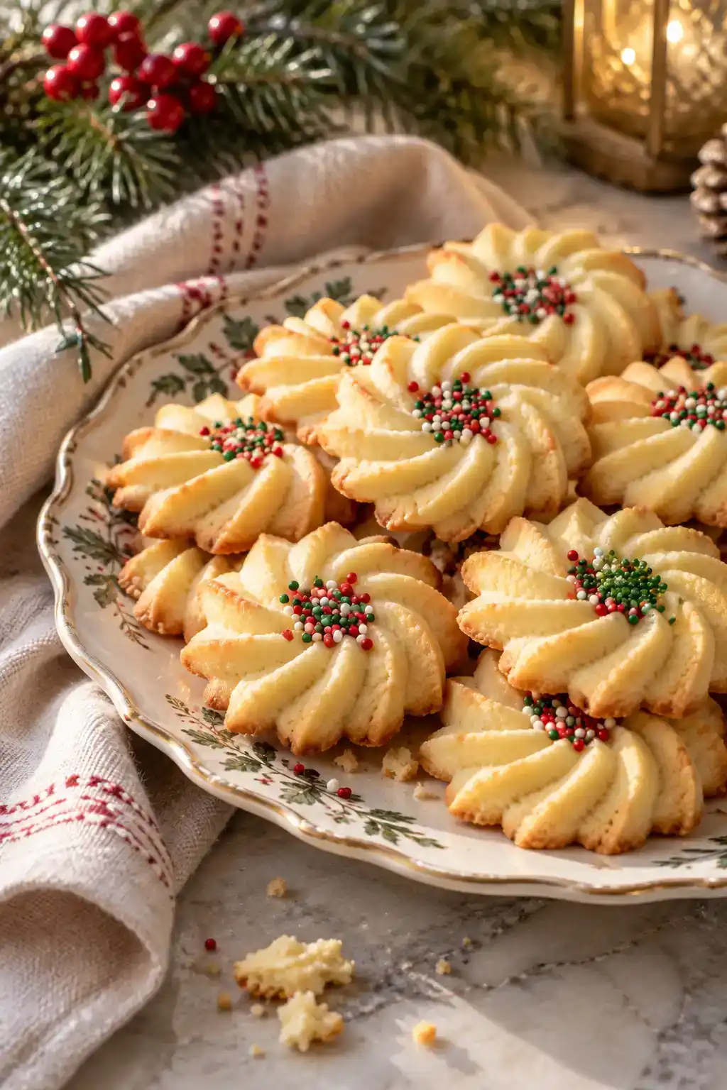 A batch of spritz cookies for christmas gift boxes arranged on a ceramic plate.