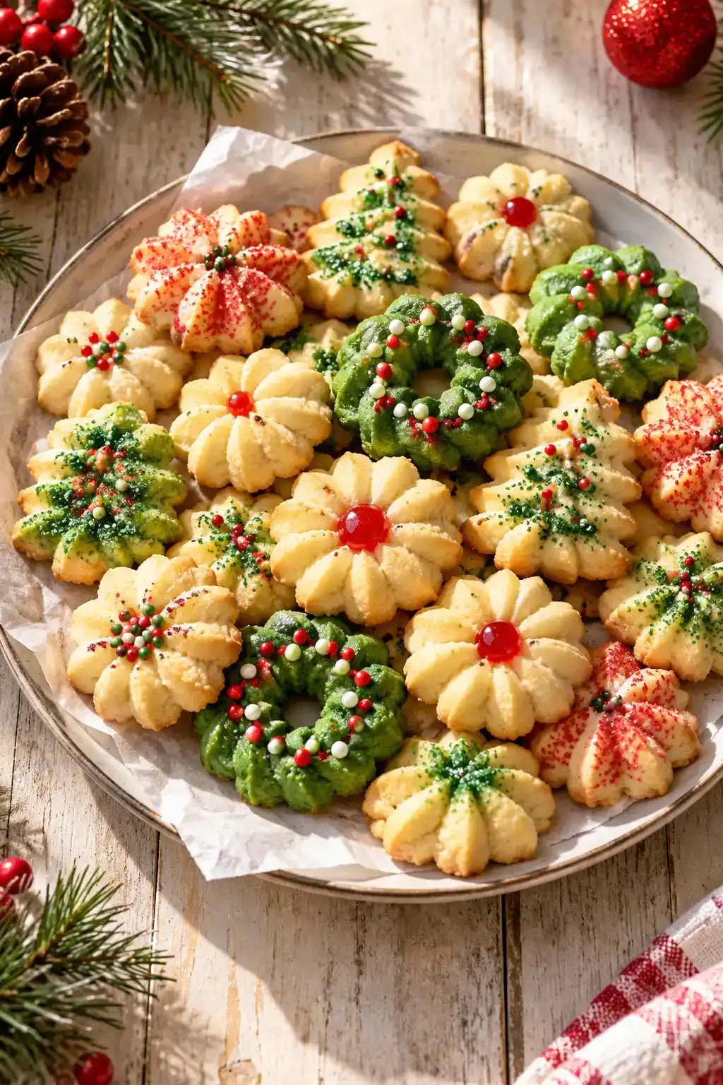 A batch of spritz cookies for christmas platters arranged on a ceramic plate.