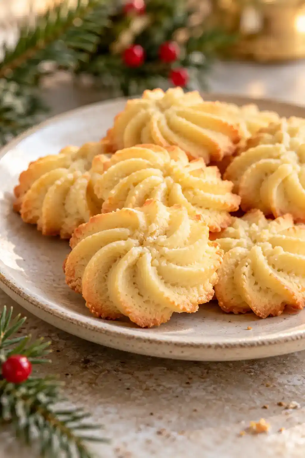 A batch of spritz cookies with a pastry bag arranged on a ceramic plate.