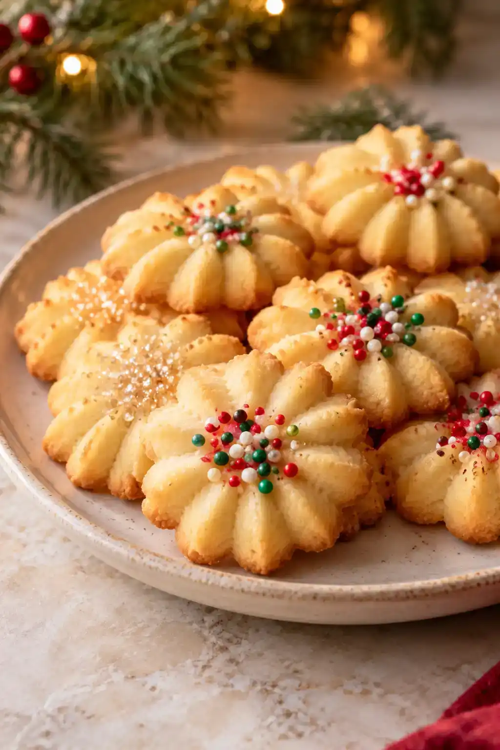 A batch of spritz cookies with a piping bag arranged on a ceramic plate.