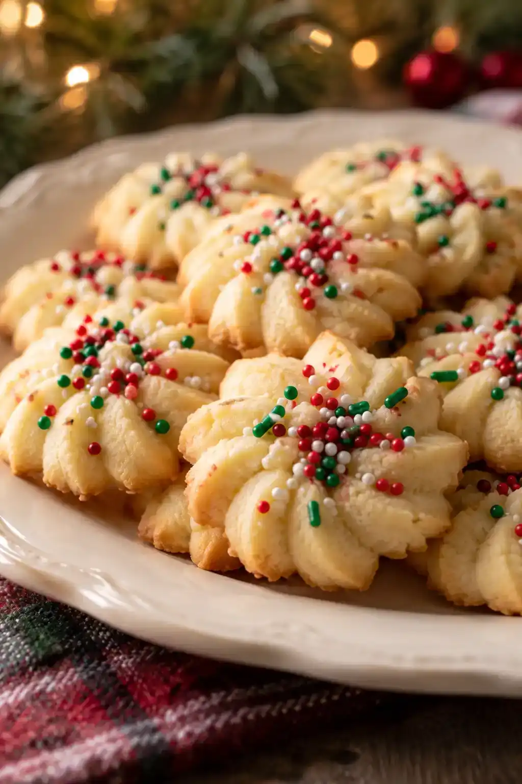 A batch of spritz cookies with christmas sprinkles arranged on a ceramic plate.