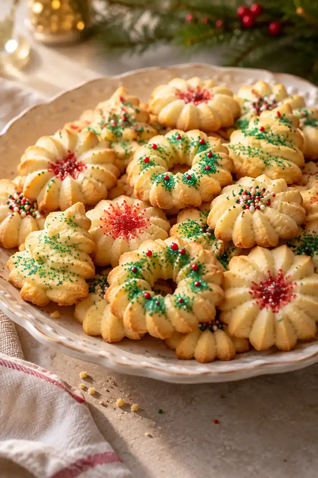 A batch of spritz cookies without a cookie press arranged on a ceramic plate.