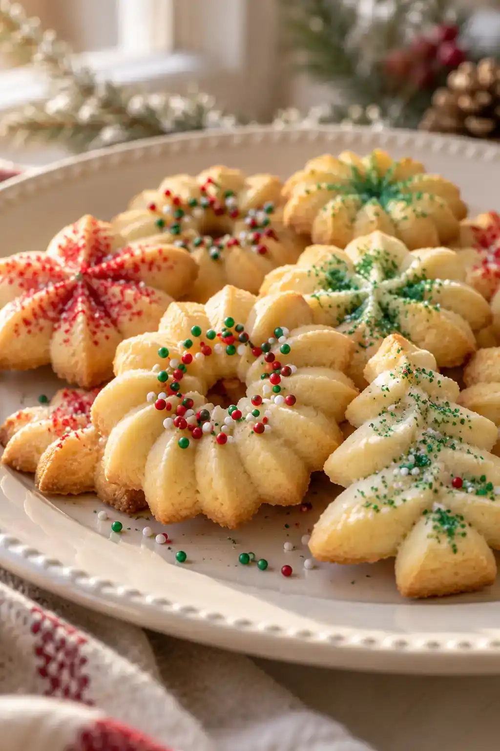 A batch of spritz cookies without chilling arranged on a ceramic plate.