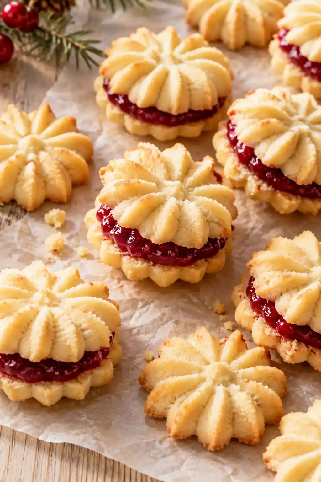 A batch of spritz sandwich cookies arranged on a ceramic plate.