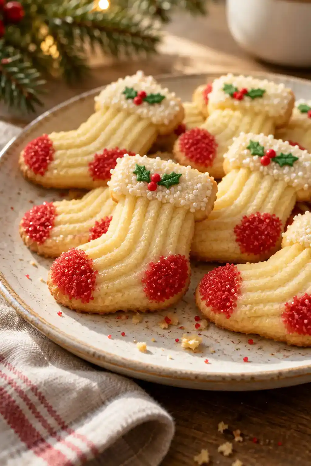 A batch of stocking-shaped spritz cookies arranged on a ceramic plate.